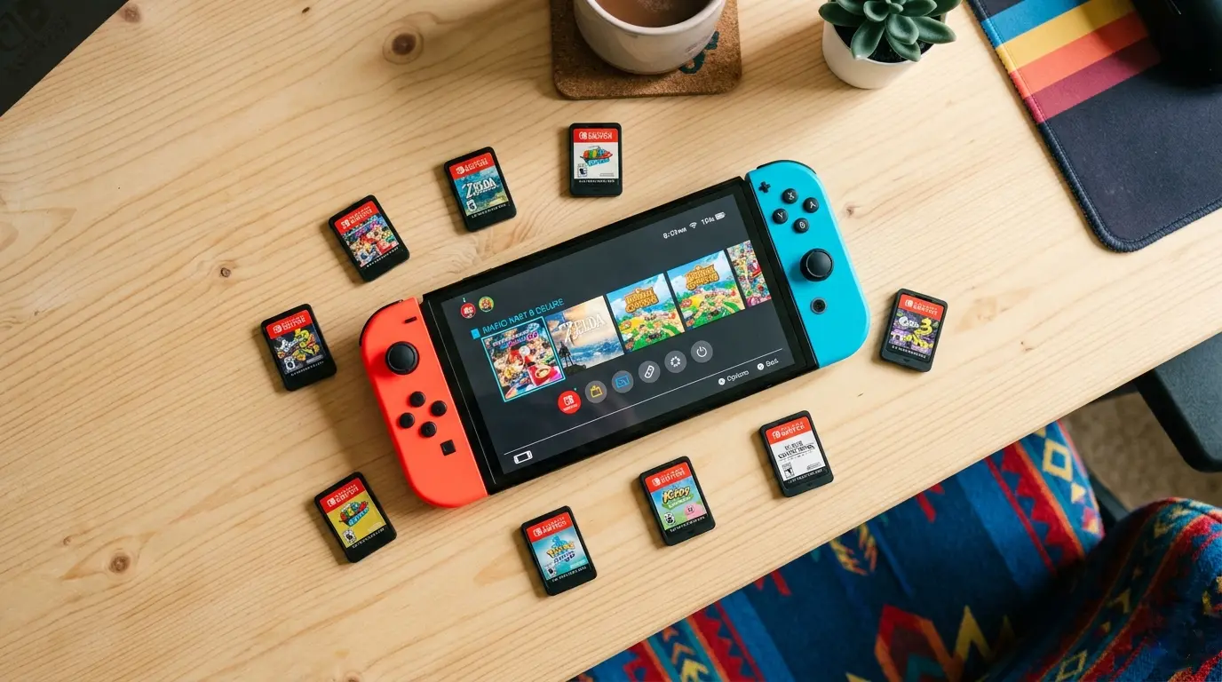 Топ-10 ігор Nintendo Switch 2026 — консоль з Joy-Cons та картриджі